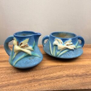 Roseville Pottery Zephyr Lily Blue Creamer and Sugar Bowl Set 7-C 7-S Vintage